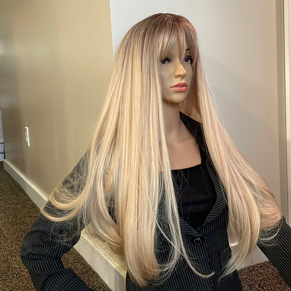 blonde wig straight round ends ombré dark blonde light honey blonde bangs 26”